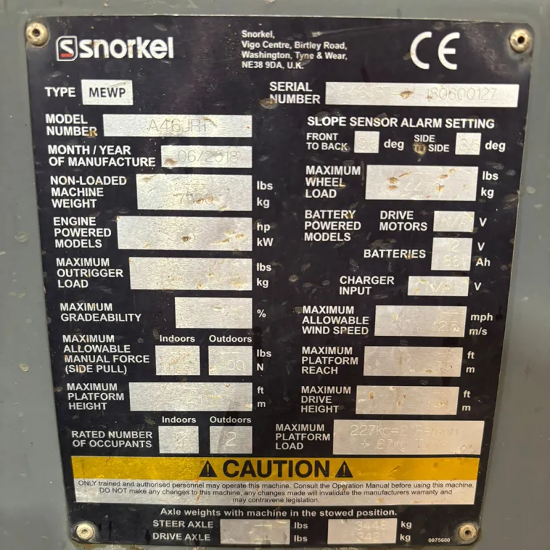 16.3m Boom Lift Snorkel A46JRT 2018